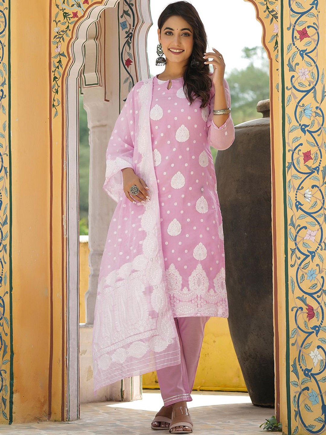 

KALINI Ethnic Motifs Woven Design Keyhole Neck Straight Kurta with Trousers & Dupatta, Pink