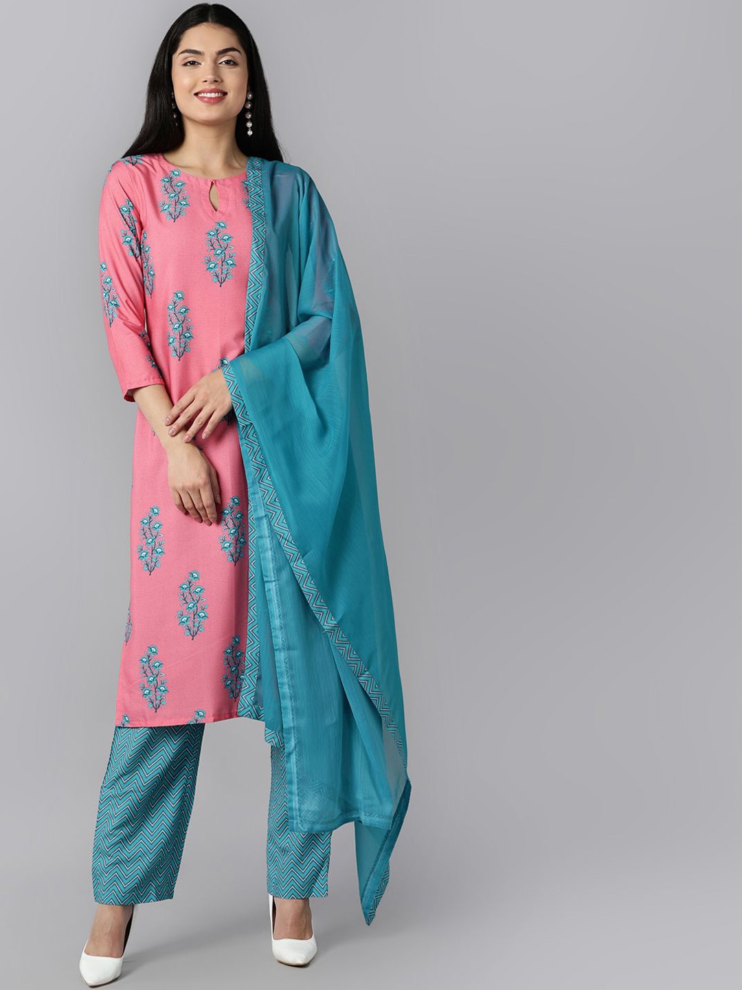 

KALINI Floral Printed Keyhole Neck Straight Kurta with Trousers & Dupatta, Pink