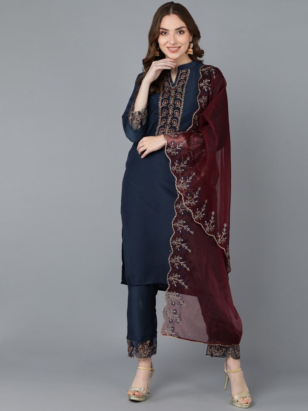 

KALINI Floral Yoke Design Thread Work Straight Kurta With Trousers & Dupatta, Navy blue