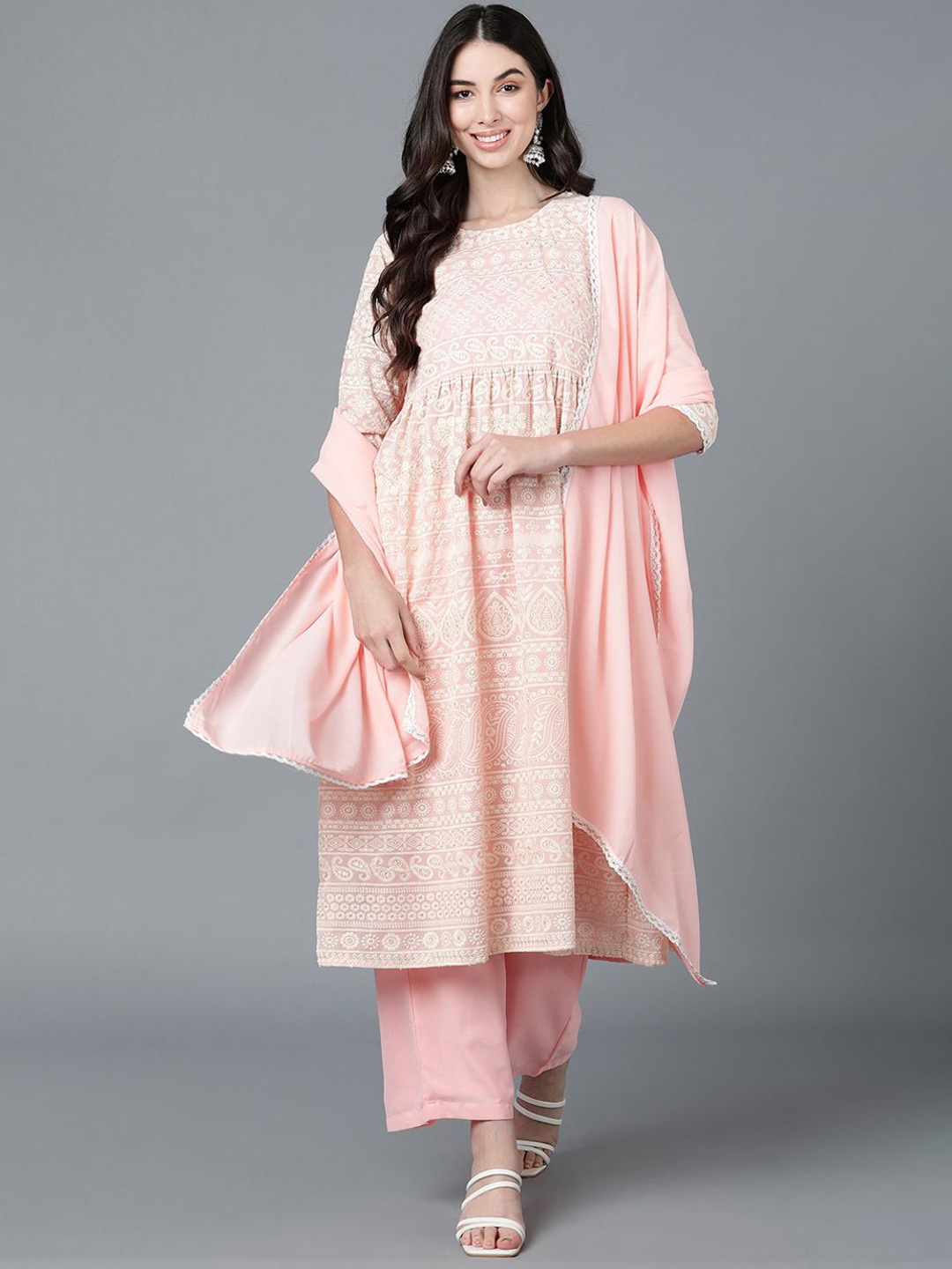 

KALINI Ethnic Motifs Embroidered Straight Kurta with Palazzo & Dupatta, Peach