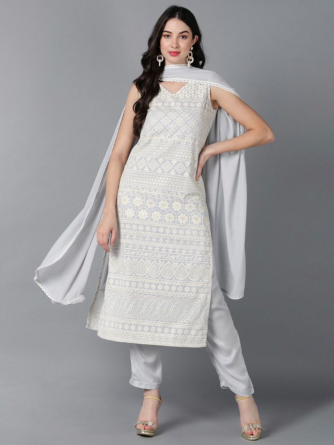 

KALINI Paisley Embroidered Regular Thread Work Kurta with Trousers & With Dupatta, Grey