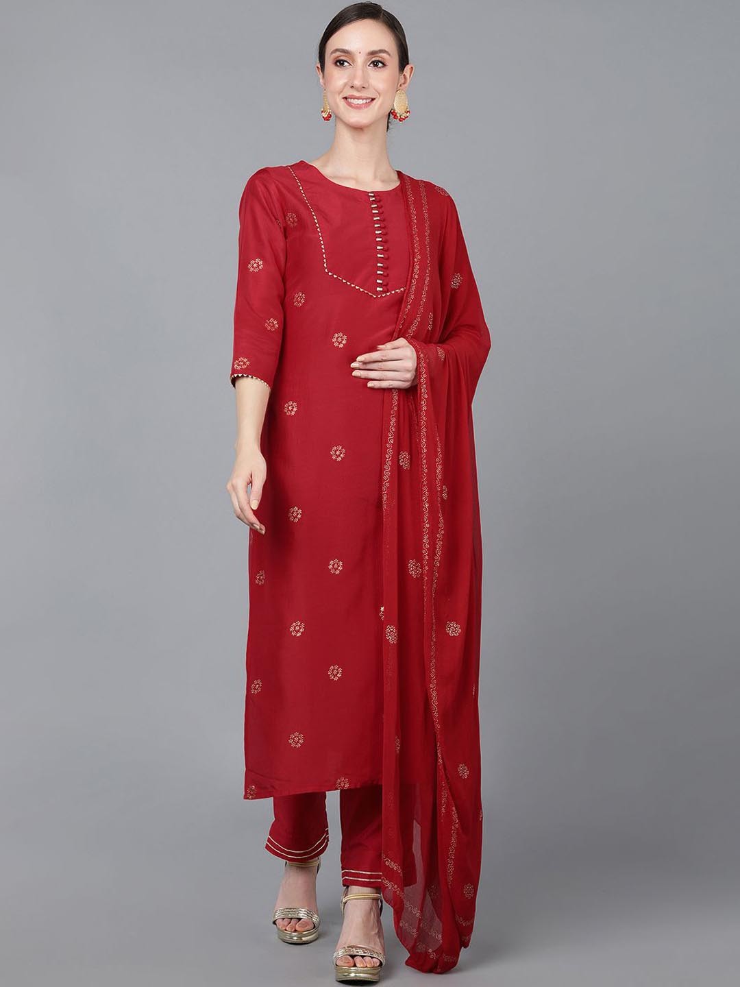 

KALINI Floral Printed Gotta Patti Straight Kurta With Trousers & Dupatta, Red