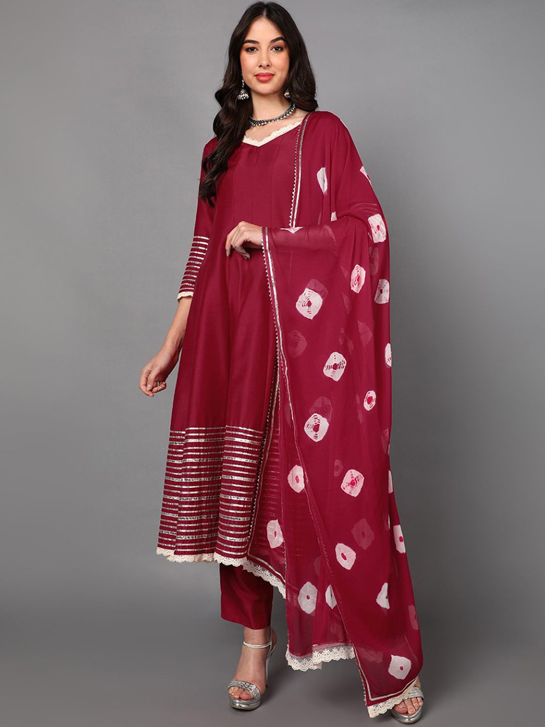 

KALINI V-Neck Gotta Patti Anarkali Kurta With Trousers & Dupatta, Fuchsia