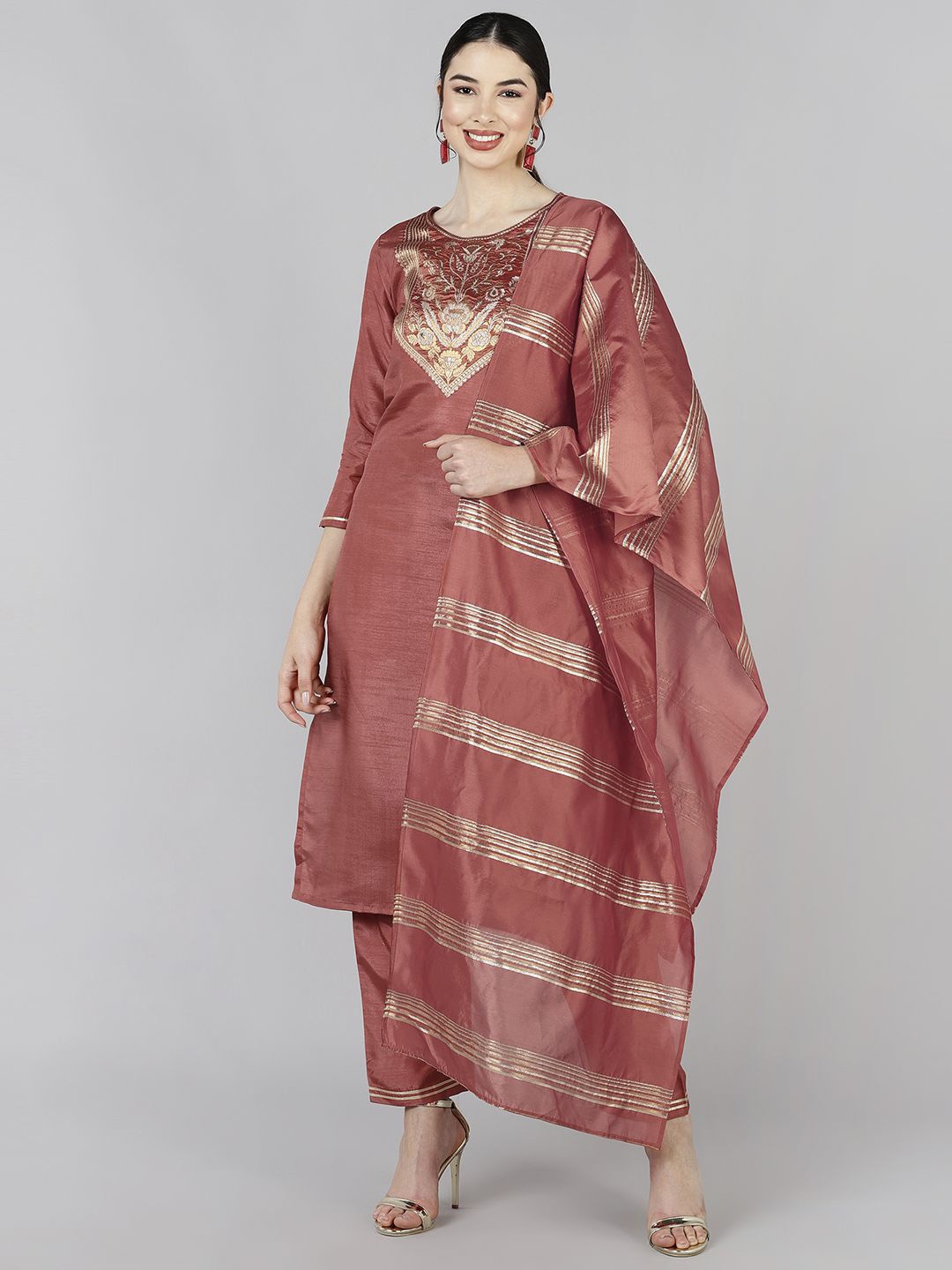 

KALINI Yoke Design Regular Kurta with Trousers & Dupatta, Rust