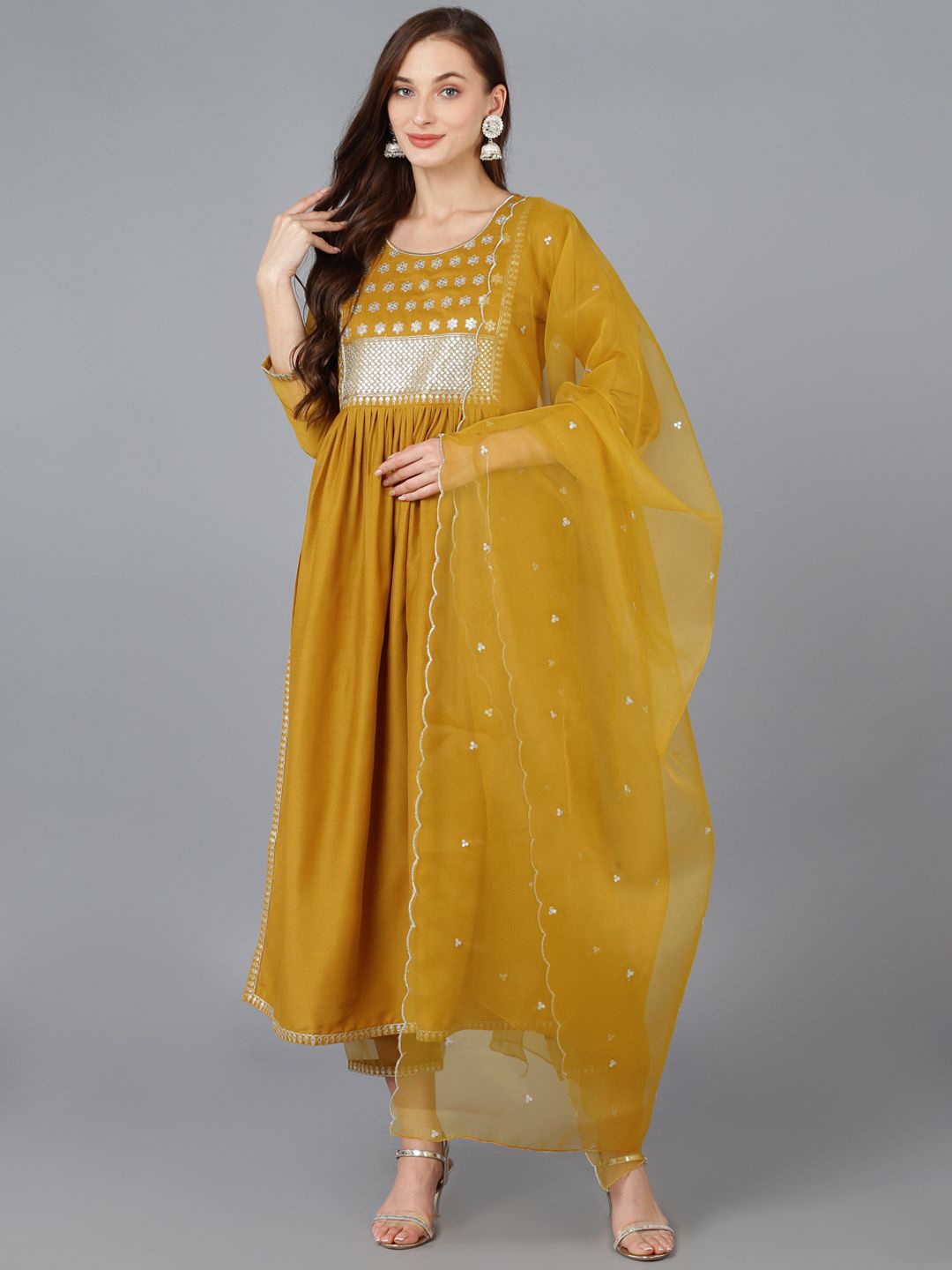 

KALINI Floral Yoke Design Pleated Straight Sequinned Kurta with Trousers & Dupatta, Mustard