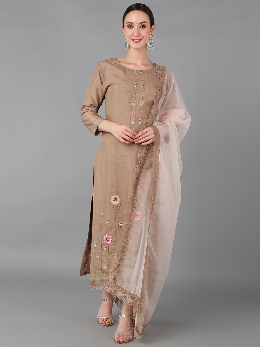 

KALINI Floral Embroidered Round Neck Thread Work Straight Kurta With Trousers & Dupatta, Nude
