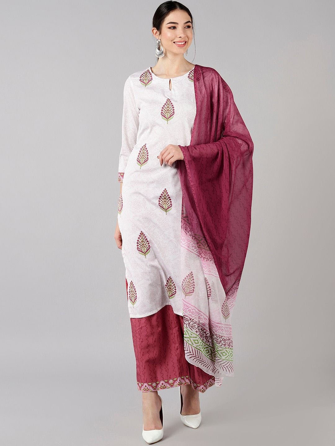 

KALINI Floral Printed Straight Kurta with Trousers & Dupatta, White