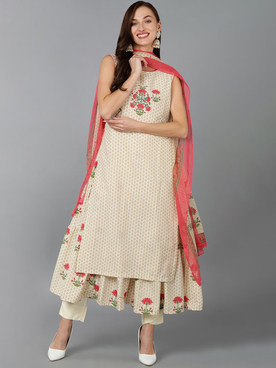 

KALINI Floral Printed A-Line Kurta With Trousers & Dupatta, Beige