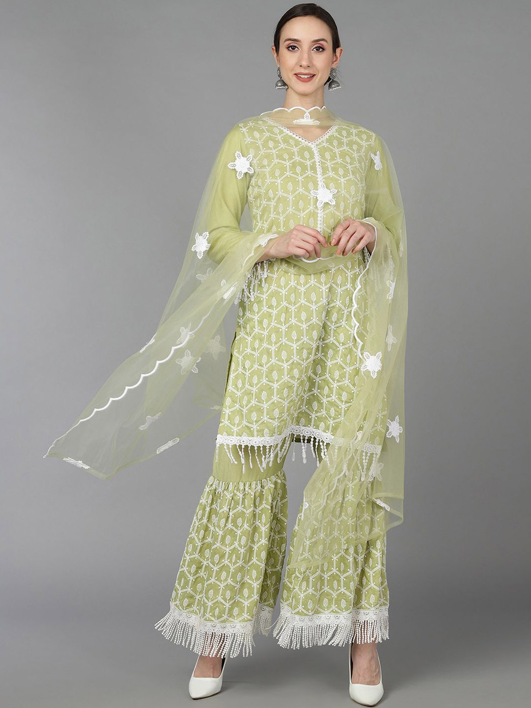 

KALINI Ethnic Motifs Embroidered Thread Work Straight Kurta With Sharara & Dupatta, Olive