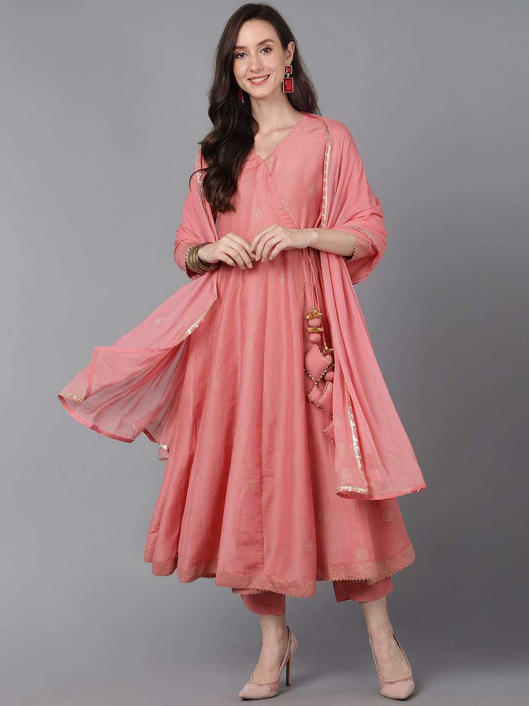 

KALINI Ethnic Motifs Printed V-Neck Angrakha Anarkali Kurta with Trousers & Dupatta, Pink