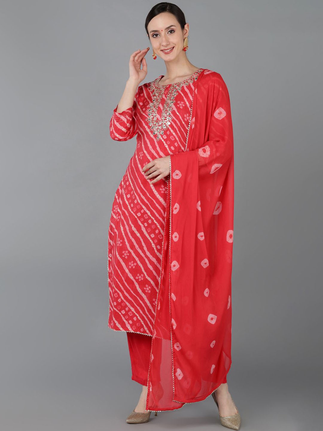 

KALINI Leheriya Printed Mirror Work Chanderi Silk Straight Kurta with Trousers & Dupatta, Pink