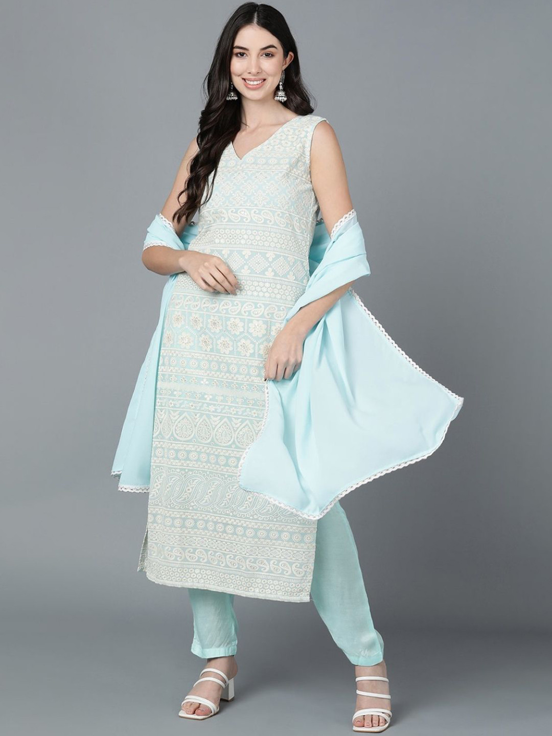 

KALINI Ethnic Motifs Embroidered V-Neck Straight Kurta with Trousers & Dupatta, Blue