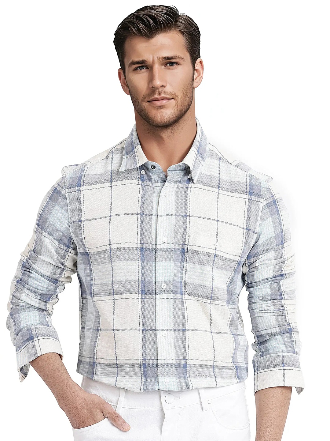 

RARE RABBIT Men Cotton Comfort Opaque Checked Casual Shirt, Off white