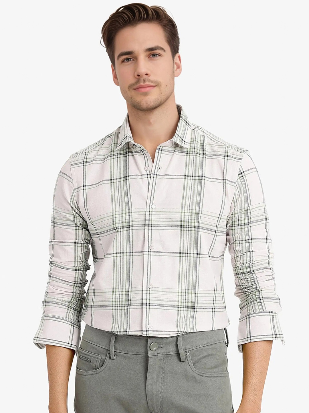 

RARE RABBIT Men Comfort Tartan Checks Opaque Checked Shirt, Off white