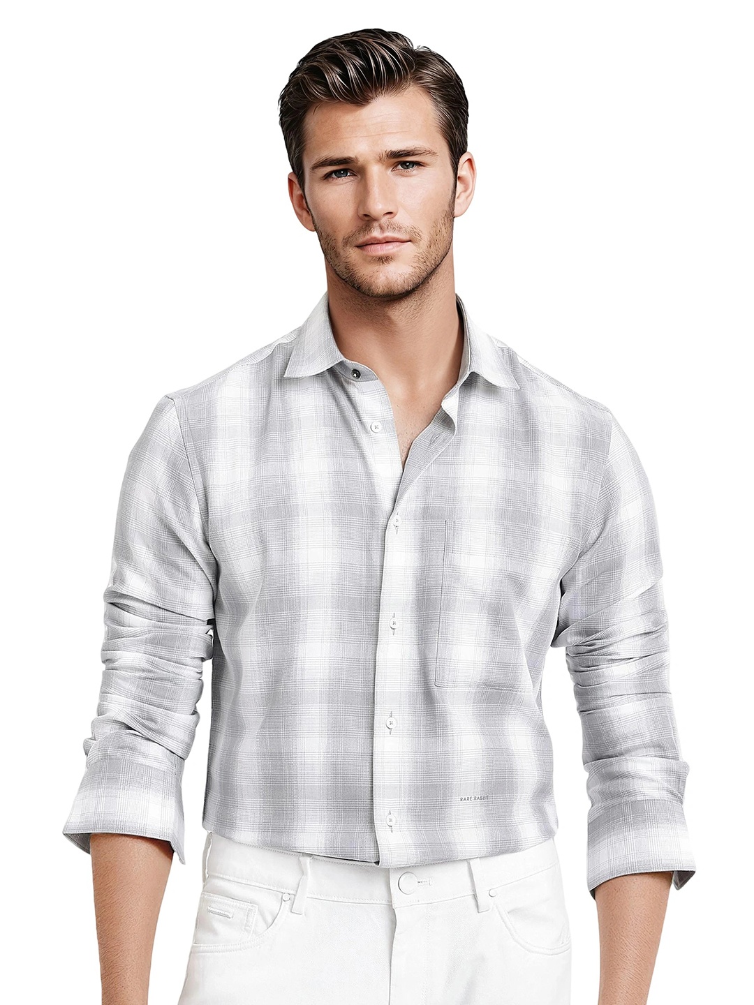 

RARE RABBIT Men Comfort Opaque Checked Casual cotton Shirt, Grey