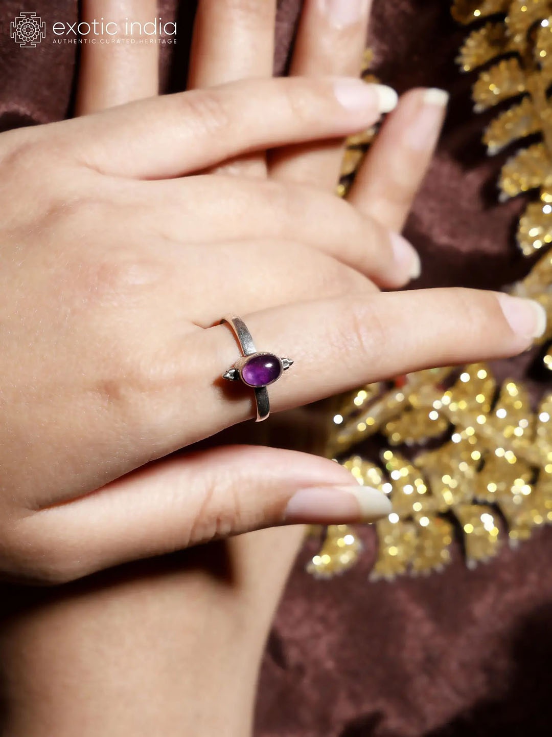 

Exotic India 925 Sterling Silver Silver-Plated Amethyst Gemstone-Studded Finger Ring