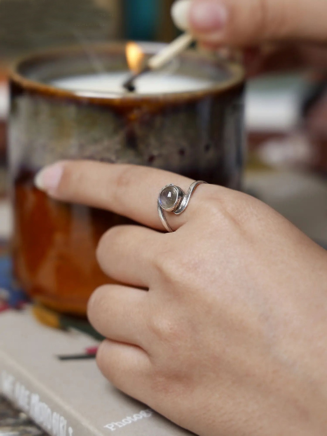 

Exotic India 925 Sterling Silver Silver-Plated Moonstone Stone-Studded Finger Ring