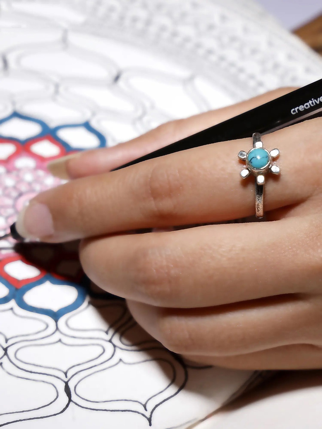 

Exotic India Turquoise Gemstone Sterling Silver Floral Design Ring