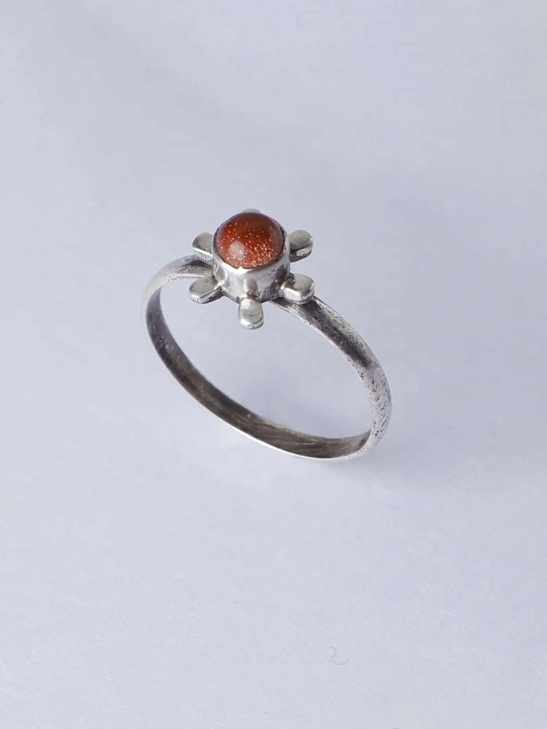 

Exotic India Sunstone Gemstone Sterling Silver Floral Design Ring, Brown