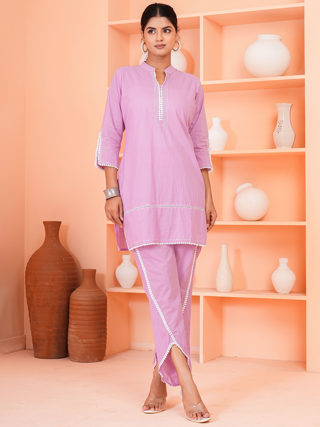 

ZOYOTO Mandarin Collar Pure Cotton Tunic With Trouser, Pink