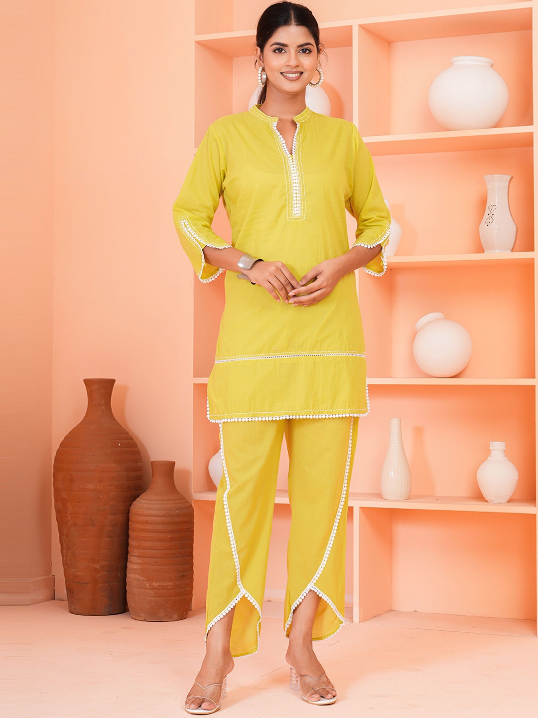 

ZOYOTO Mandarin Collar Pure Cotton Tunic With Trouser, Lime green