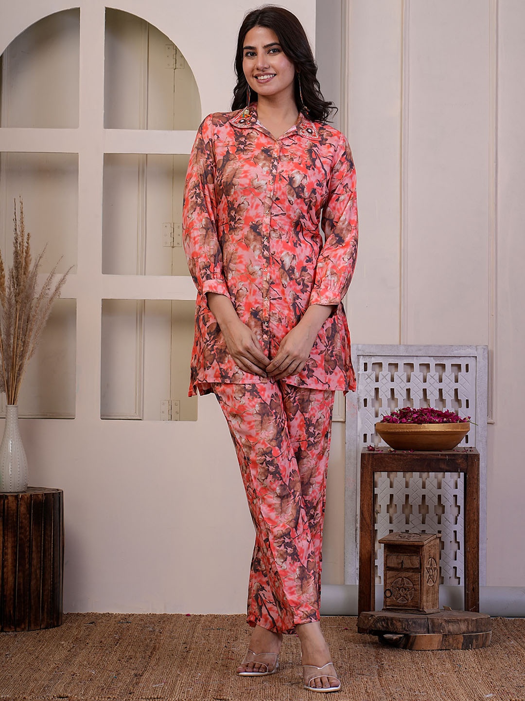 

ZOYOTO Floral Printed Shirt With Trouser, Pink