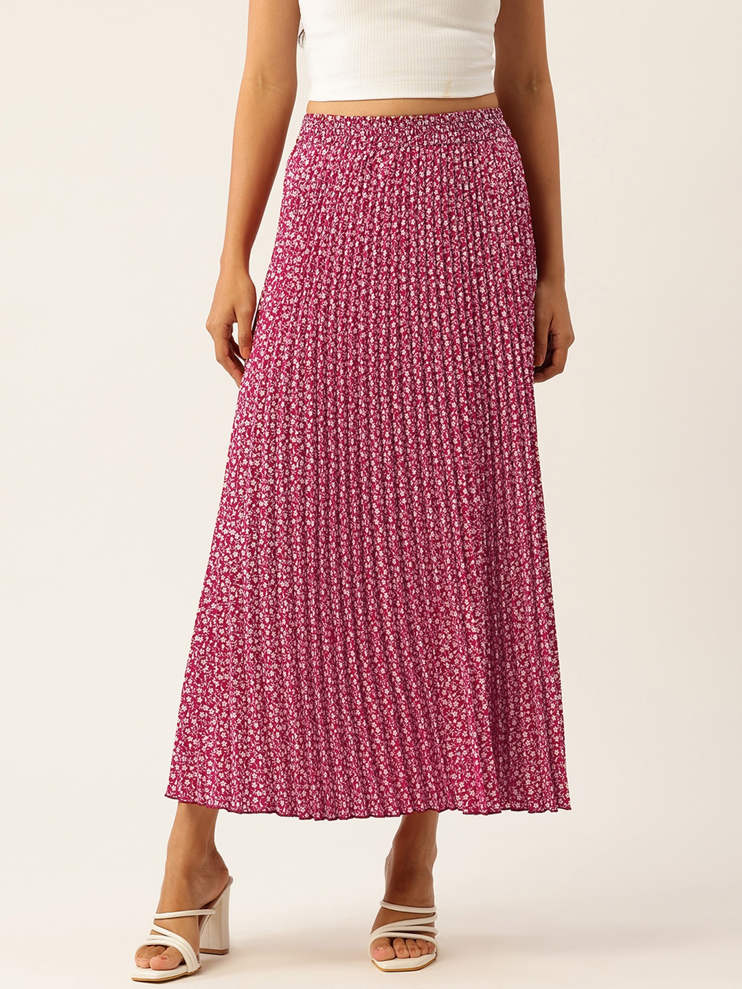 

WISSTLER Floral Printed Accordion Pleated Crepe Flared Maxi Skirt, Maroon