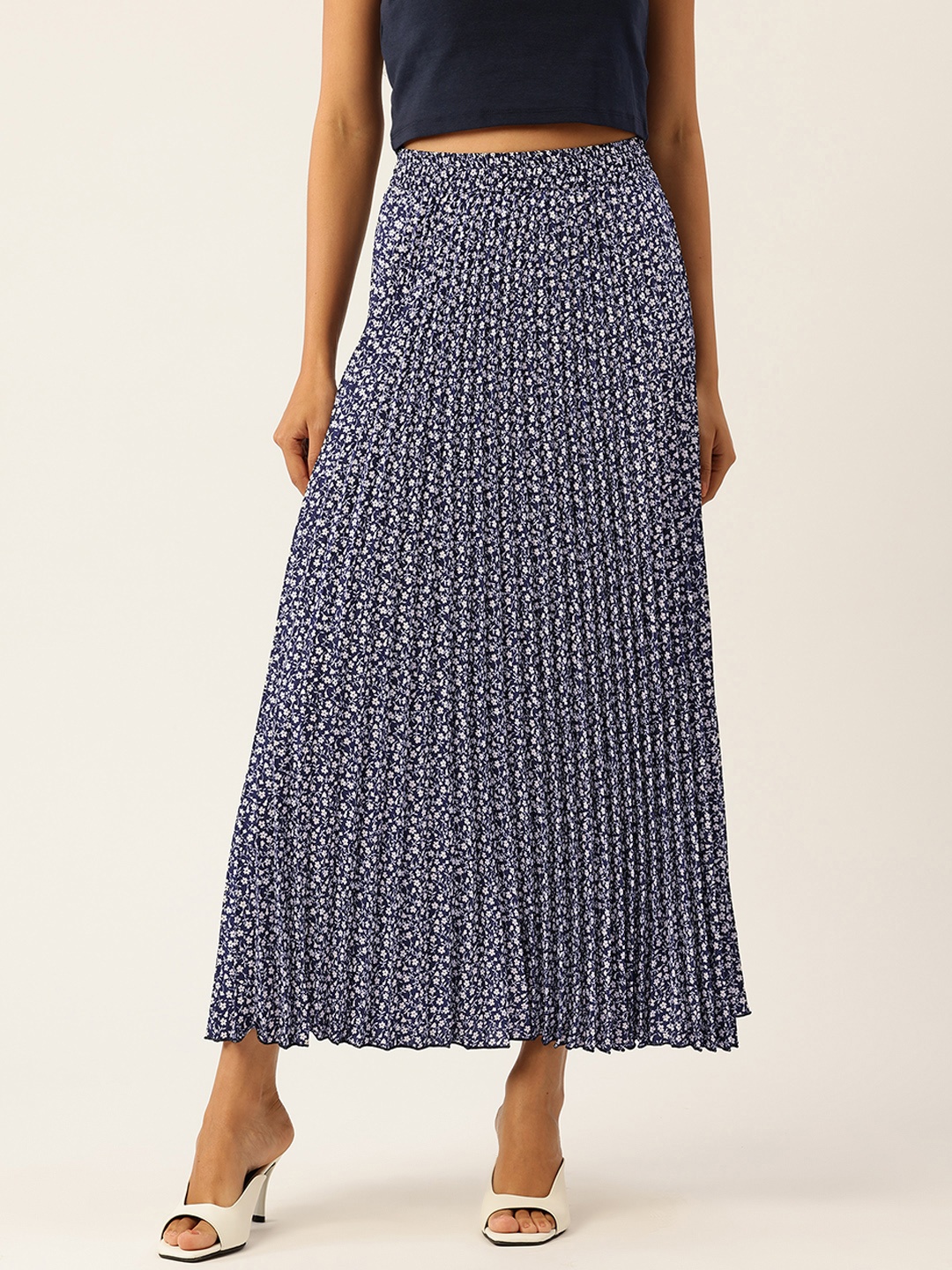 

WISSTLER Floral Printed Accordion Pleated Crepe Flared Maxi Skirt, Navy blue
