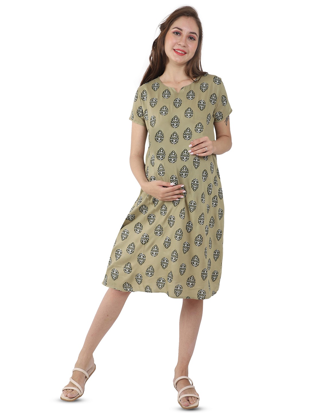 

mama & bebe Ethnic Motifs Print A-Line Maternity Feeding Dress, Olive