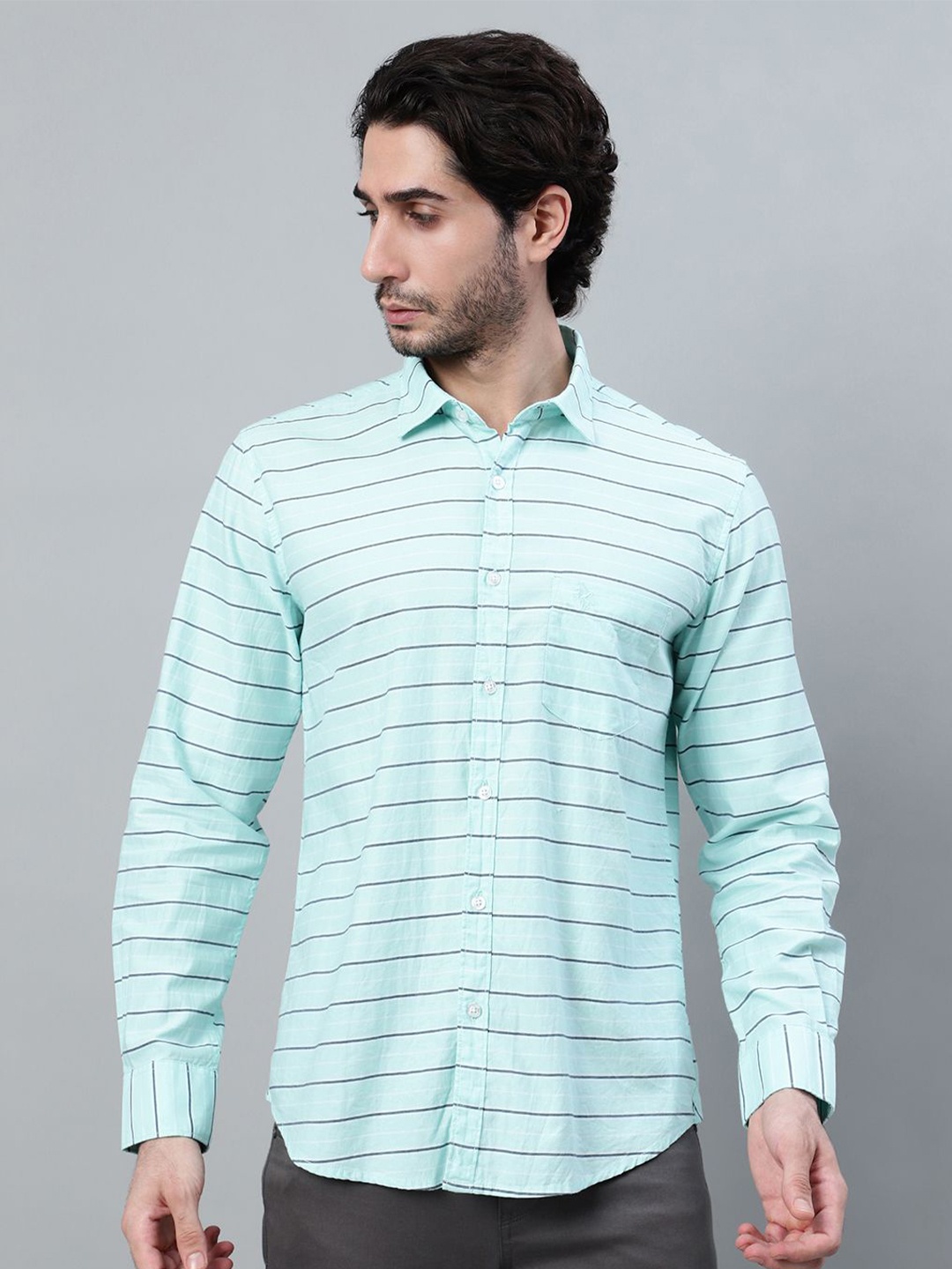 

Cantabil Men Horizontal Striped Casual Shirt, Sea green
