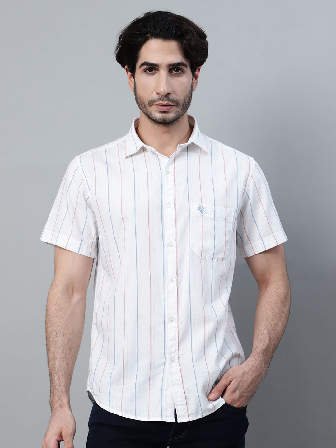 

Cantabil Men Striped Printed Short Sleeves Casual Shirt, White
