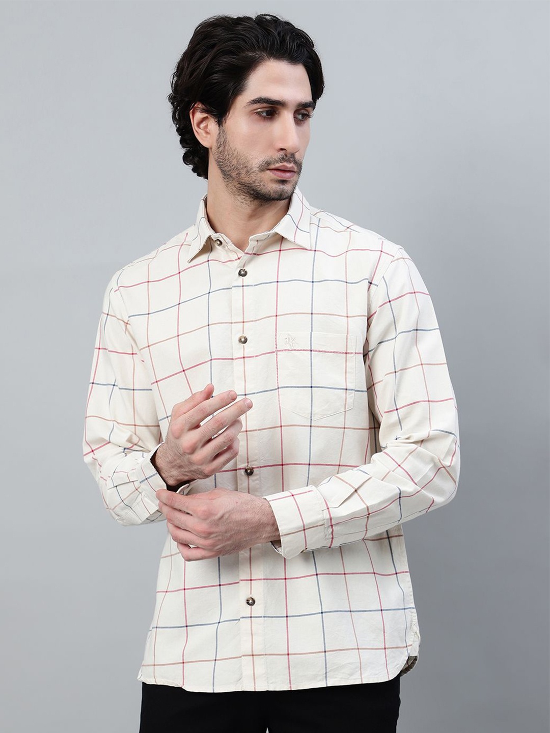 

Cantabil Men Windowpane Checks Opaque Checked Casual Shirt, Cream