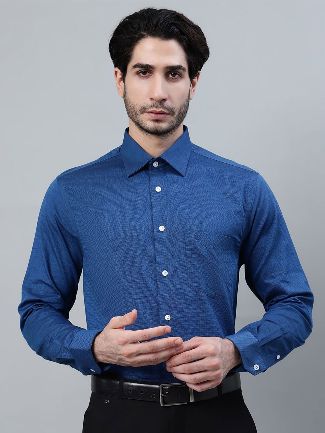 

Cantabil Men Solid Cotton Opaque Spread Collar Formal Shirt, Blue