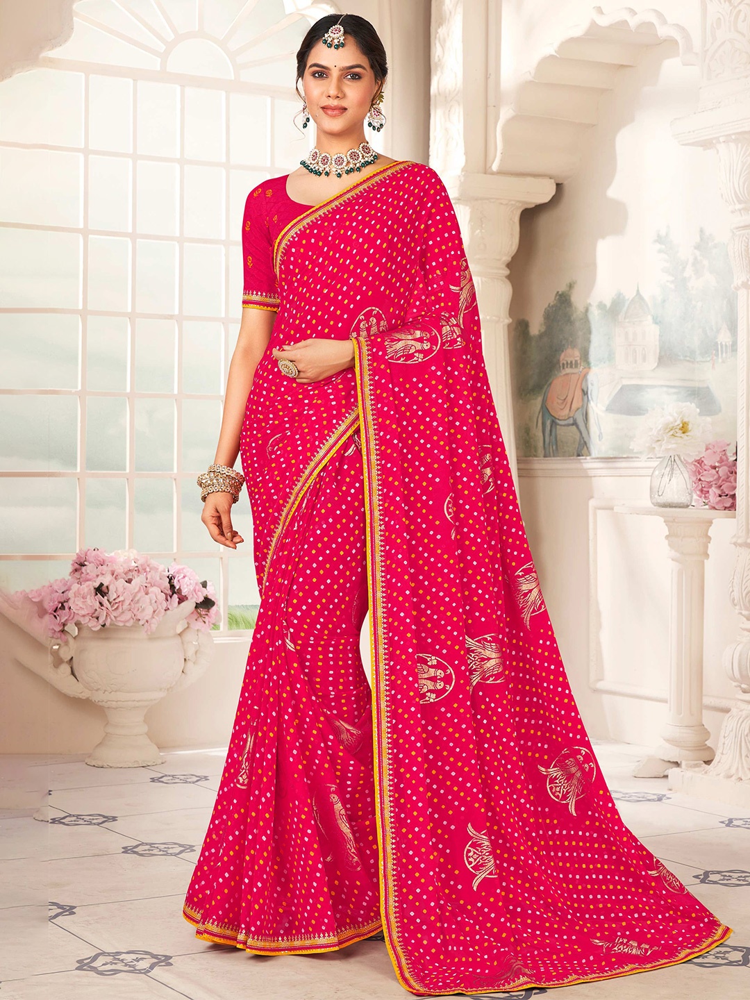 

Laxmipati Bandhani Poly Chiffon Bandhani Saree, Pink