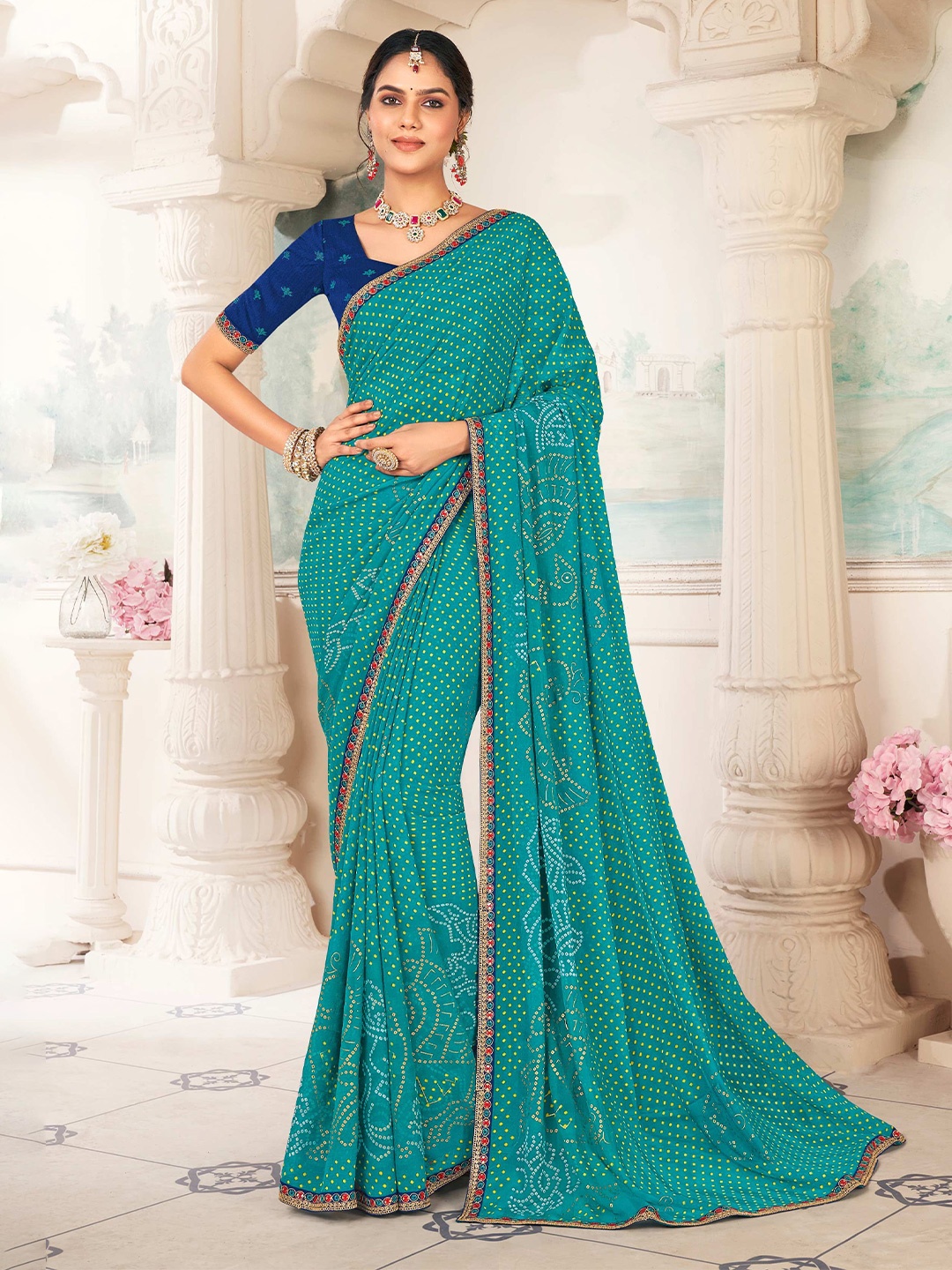 

Laxmipati Bandhani Embroidered Poly Chiffon Bandhani Saree, Green