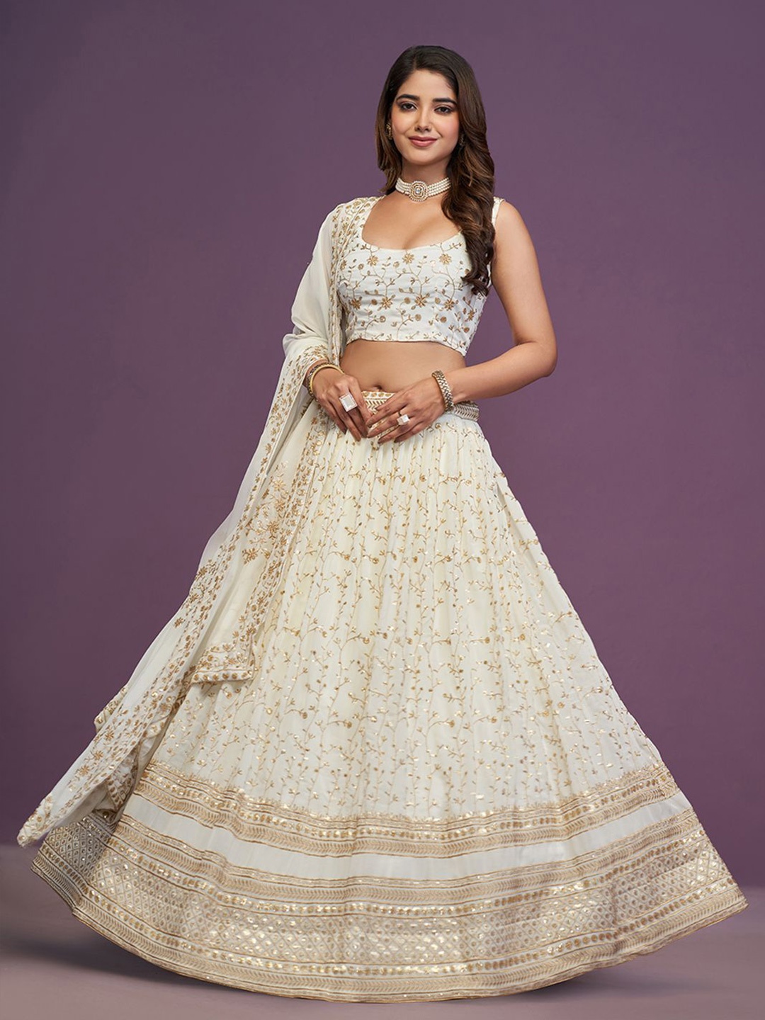 

JIHU CULTURE Embroidered Semi-Stitched Lehenga & Blouse With Dupatta, White