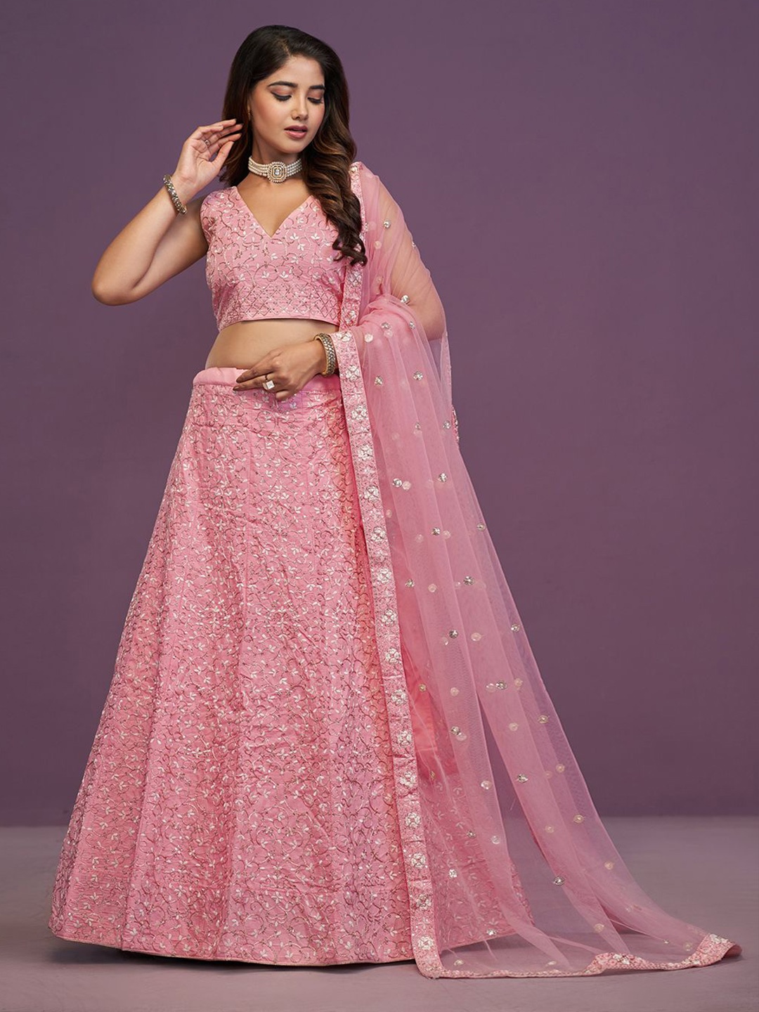 

JIHU CULTURE Embroidered Thread Work Semi-Stitched Lehenga & Blouse With Dupatta, Pink