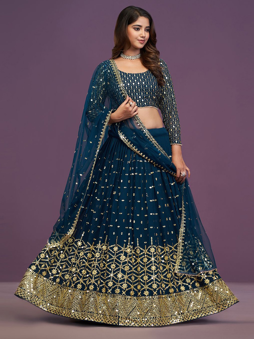 

JIHU CULTURE Embellished Thread Work Semi-Stitched Lehenga & Blouse With Dupatta, Blue