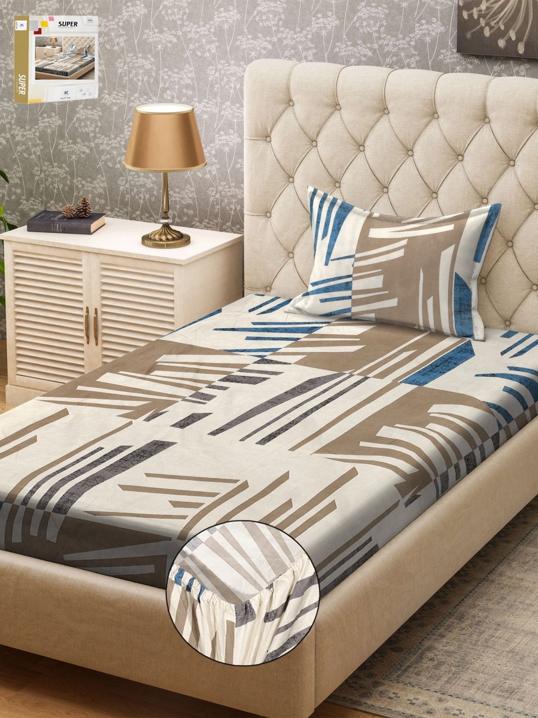 

KLOTTHE White & Grey Printed 300 TC Fitted Single Bedsheet & Pillow Covers, Brown