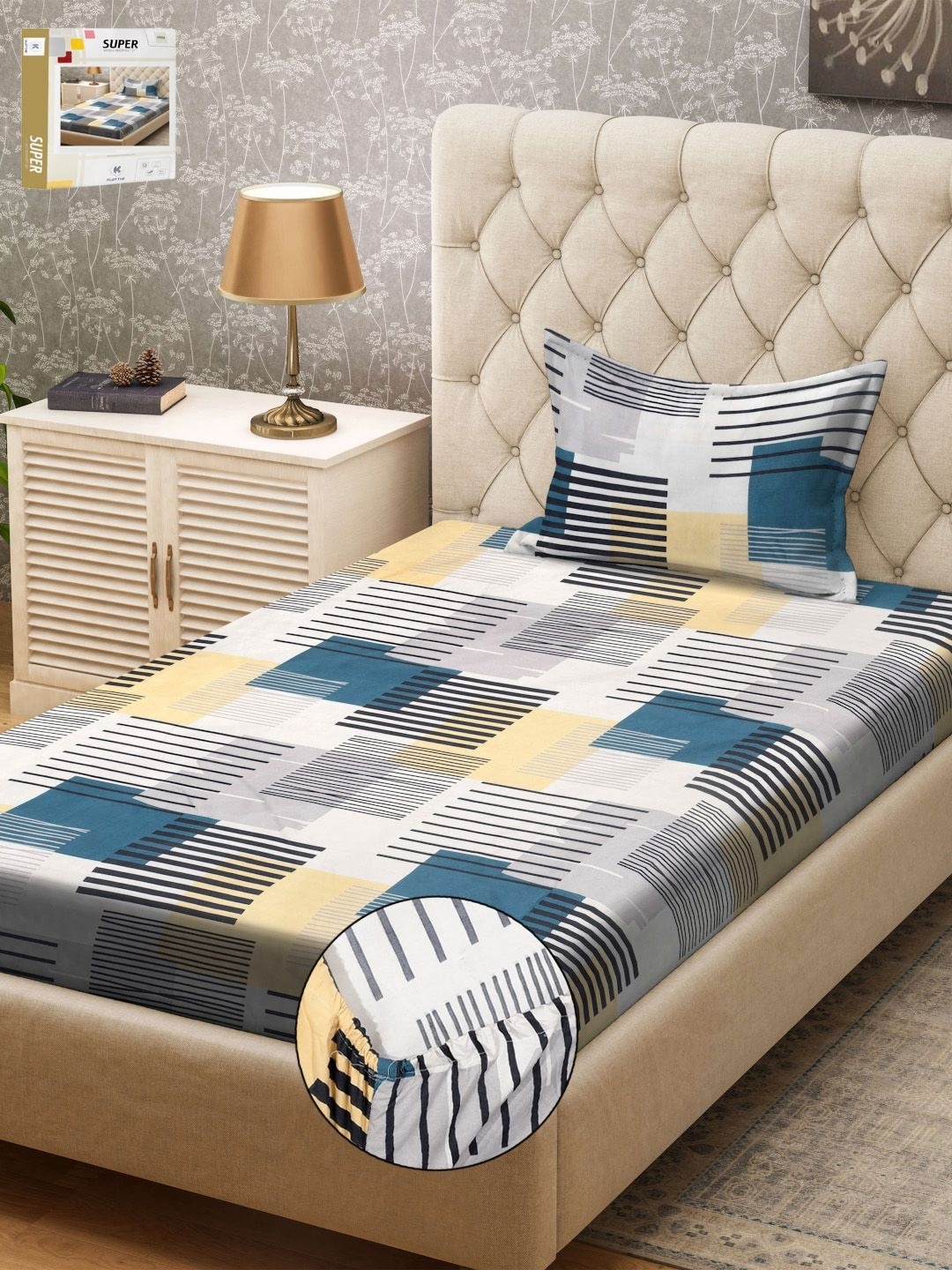 

KLOTTHE Blue & White Printed 300 TC Fitted Single Bedsheet & Pillow Covers