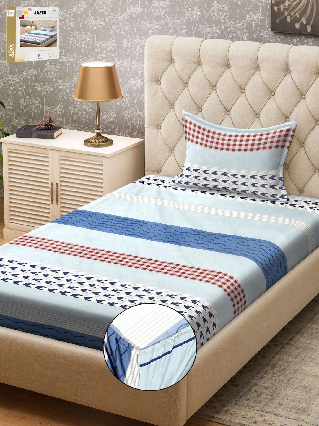 

KLOTTHE Blue & Red Striped 300 TC Fitted Single Bedsheet & Pillow Covers