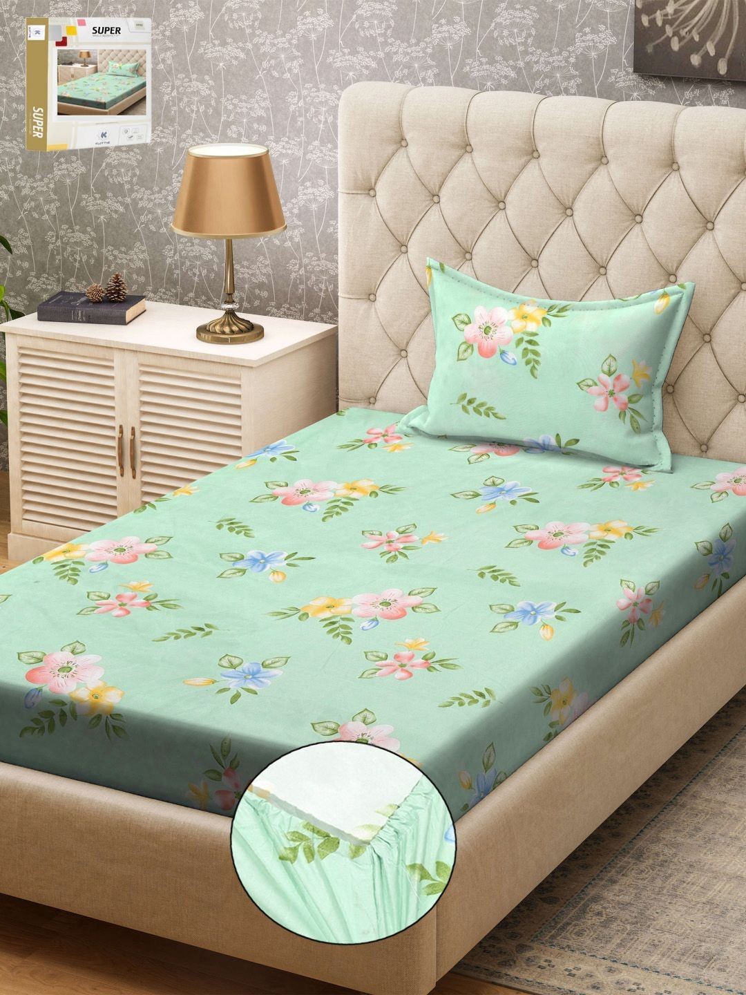 

KLOTTHE Green & Pink Printed Fitted 300TC Single Bedsheet & Pillow Covers