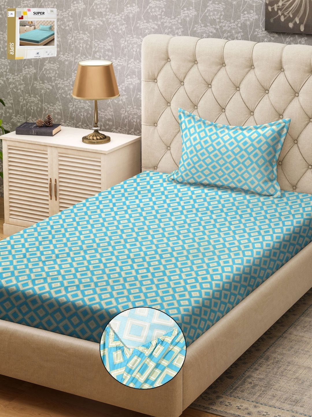 

KLOTTHE Turquoise Blue & White Printed 300TC Fitted Single Bedsheet With 1 Pillow Cover