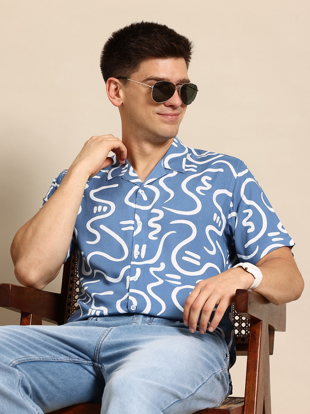 

Mast & Harbour Men Printed Cuban Collar Casual Shirt, Blue