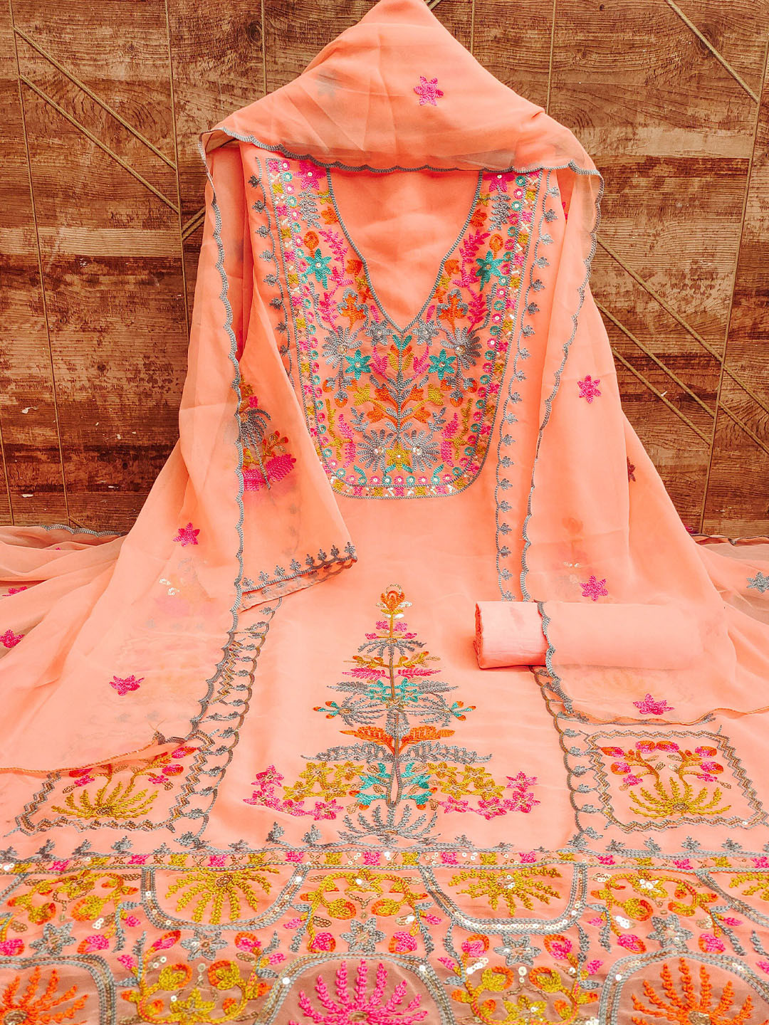 

KIMISHA Floral Embroidered Sequinned Unstitched Dress Material, Orange