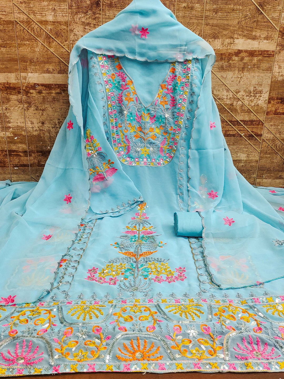 

KIMISHA Floral Sequinned Embroidered Unstitched Dress Material, Blue