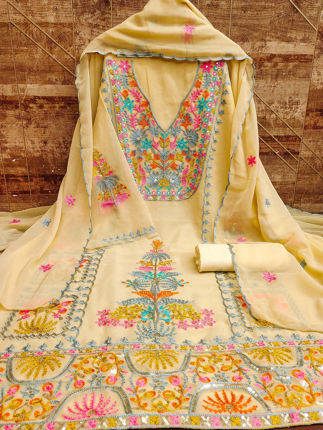 

KIMISHA Floral Embroidered Sequinned Unstitched Dress Material, Beige