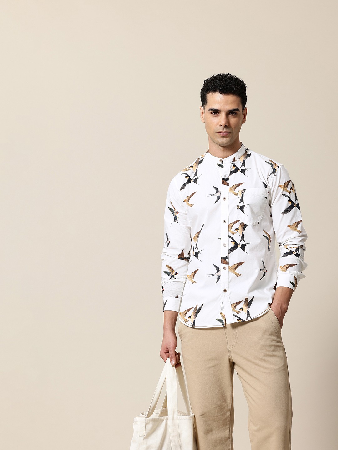 

Mr Bowerbird Men Premium Printed Pure Cotton Casual Shirt, White