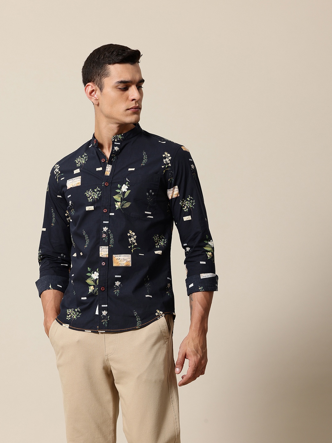 

Mr Bowerbird Men Premium Floral Printed Pure Cotton Casual Shirt, Black