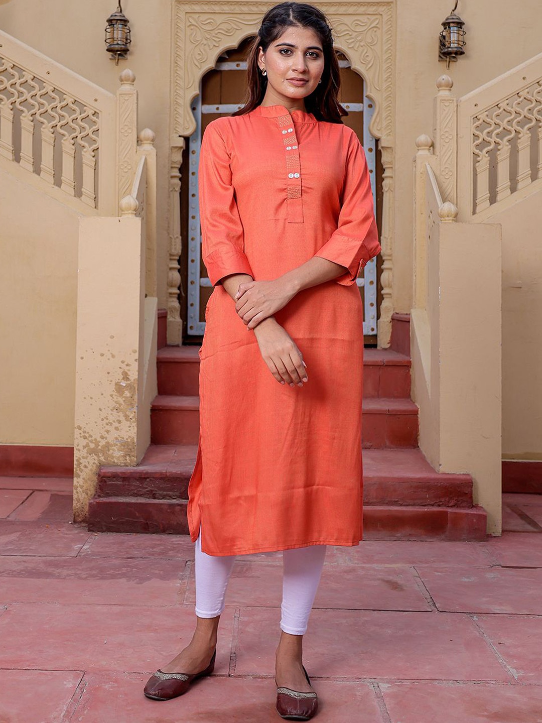 

VASVI Mandarin Collar Roll-Up Sleeves Cotton Straight Kurta, Rust